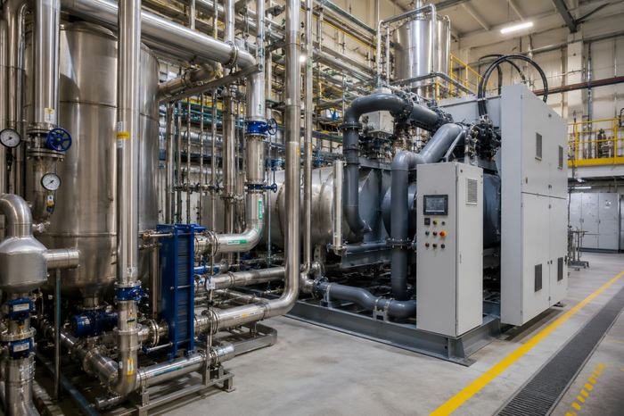 Sala de utilidades industriales con bomba de calor, intercambiadores de placas y tablero de control.
