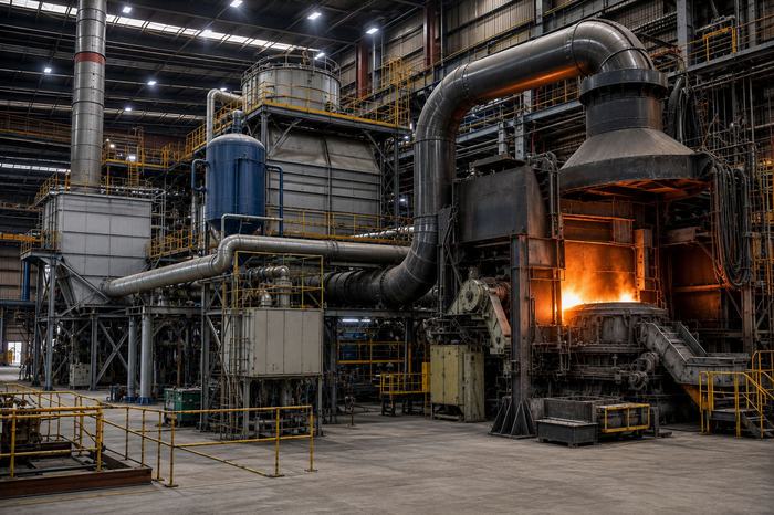Nave de fundición con horno eléctrico, campana y ductos de manejo de gases hacia el filtro y la chimenea.