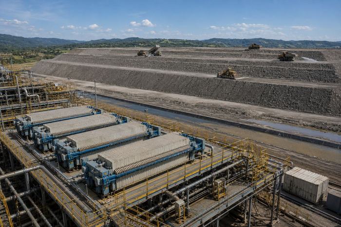 Planta de filtros prensa y depósito aterrazado de residuos filtrados apilados en seco.
